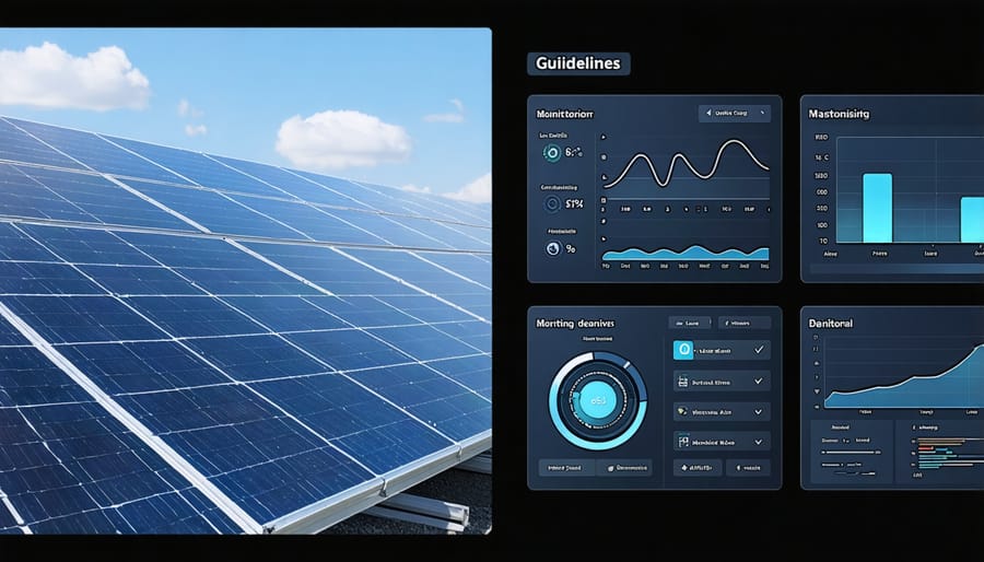 Solar panel array on building roof with corresponding energy monitoring system display