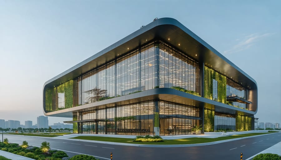 Contemporary net-zero commercial building showcasing solar panels, green roof, and efficient design elements