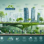 Conceptual representation of sustainable construction principles demonstrating environmental stewardship, social responsibility, economic viability, and technical innovation in an urban landscape.