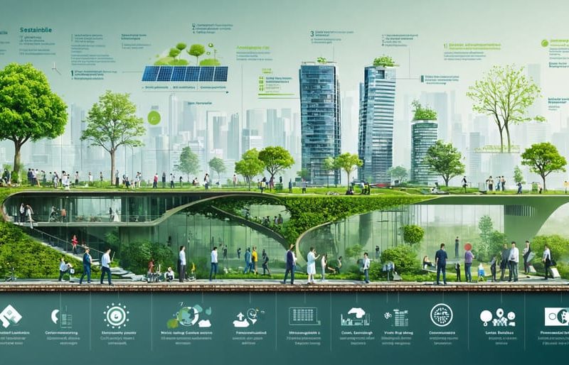 Conceptual representation of sustainable construction principles demonstrating environmental stewardship, social responsibility, economic viability, and technical innovation in an urban landscape.