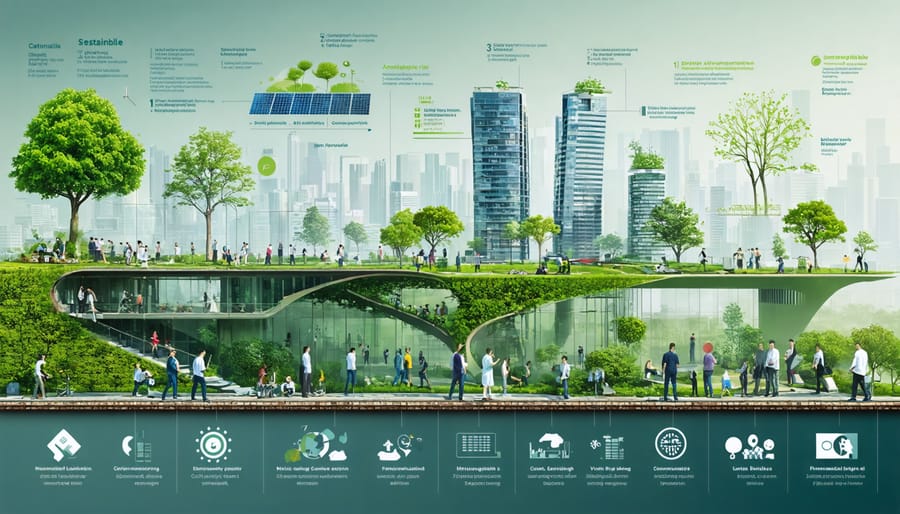 Conceptual representation of sustainable construction principles demonstrating environmental stewardship, social responsibility, economic viability, and technical innovation in an urban landscape.