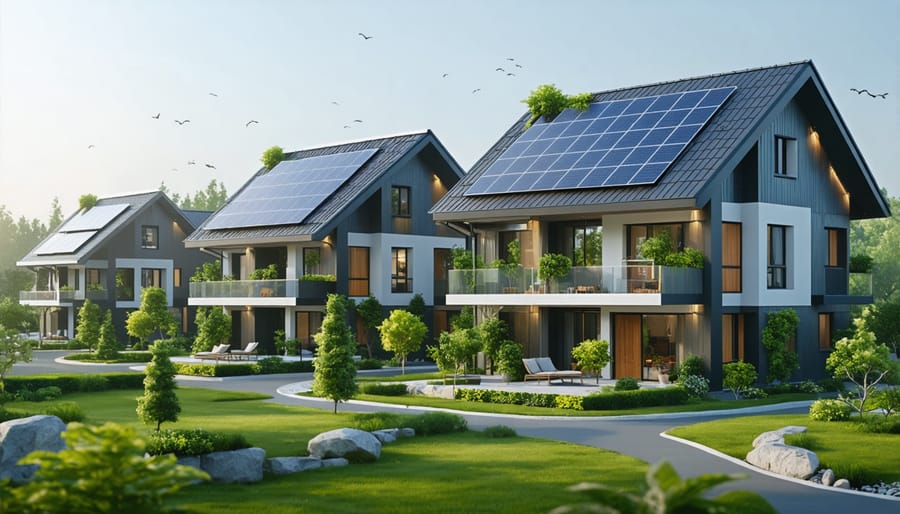 Aerial view of eco-friendly residential development with solar installations