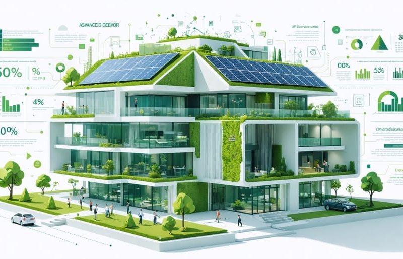 Illustration of a modern building integrating solar panels, green roofs, and smart technology with community spaces, symbolizing the balance of environmental, social, and economic sustainability.