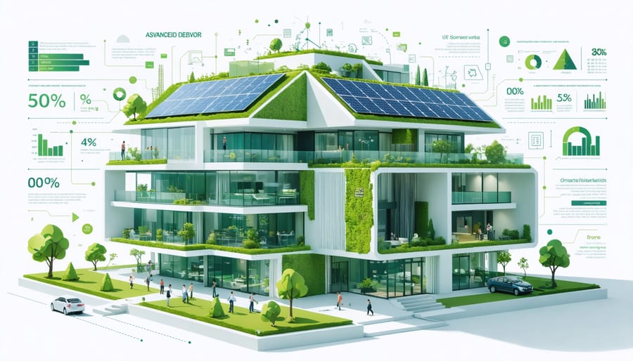 Illustration of a modern building integrating solar panels, green roofs, and smart technology with community spaces, symbolizing the balance of environmental, social, and economic sustainability.