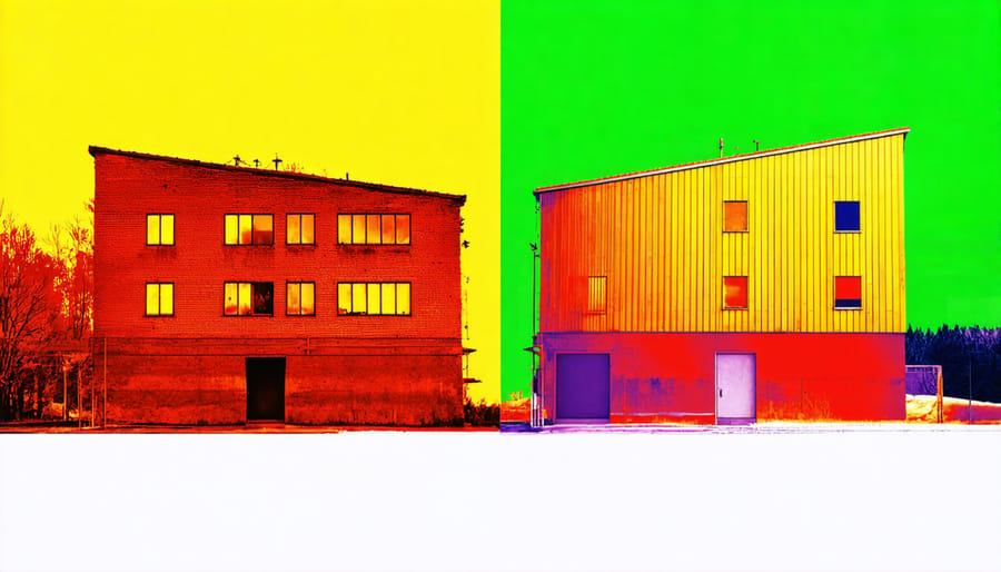 Thermal image comparing heat loss between properly and poorly insulated walls