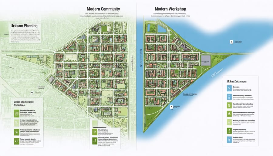 Split image showing a 1950s top-down urban planning map alongside a diverse community planning workshop