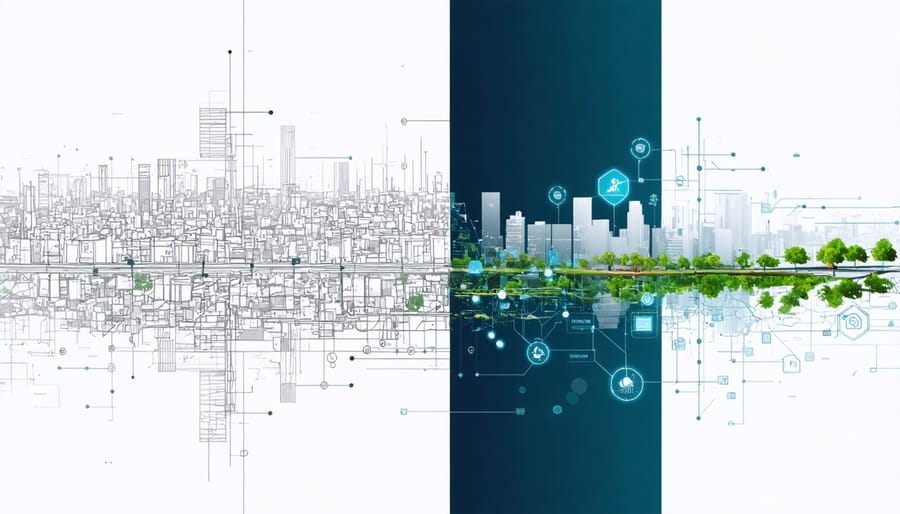 Comparative illustration of traditional versus smart city urban planning approaches