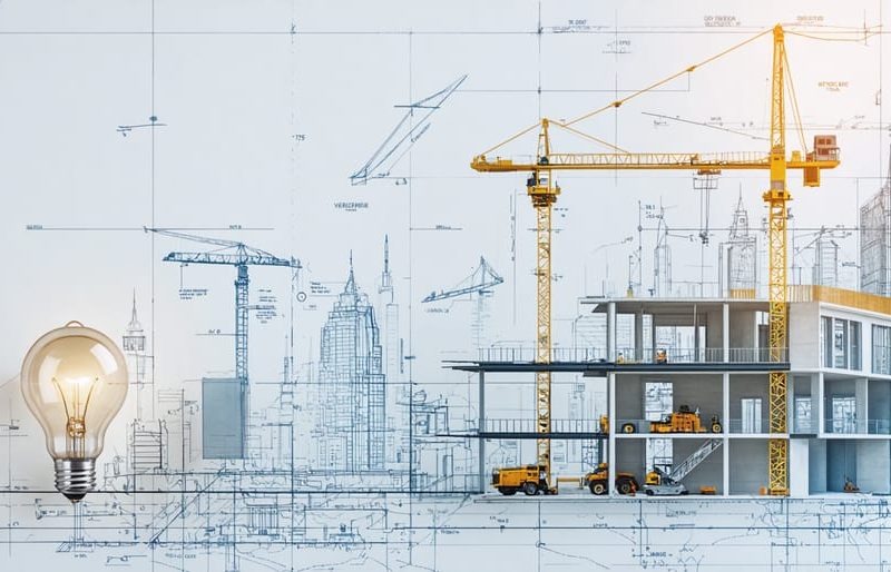 Conceptual illustration representing updates in Virginia's construction code, featuring a blueprint with symbolic elements of energy efficiency and safety.