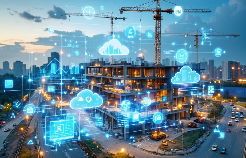 An artistic representation of a construction site overlapped with virtual design elements, showcasing 3D building models, data analytics, and cloud-based collaboration symbols.