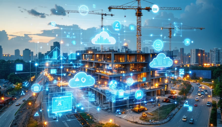 An artistic representation of a construction site overlapped with virtual design elements, showcasing 3D building models, data analytics, and cloud-based collaboration symbols.