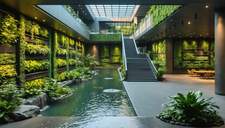 Modern office atrium with floor-to-ceiling green wall, skylights, and flowing water feature