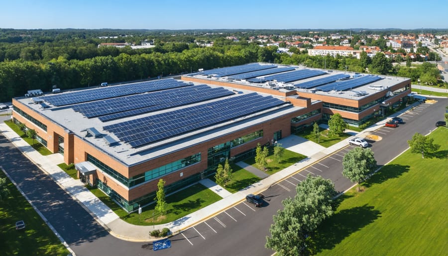 Modern office building featuring rooftop solar panels and integrated microgrid infrastructure
