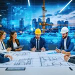 Diverse group of construction stakeholders, including architects, contractors, and community representatives, collaborating in a conference room with blueprints and digital devices displaying a construction site.