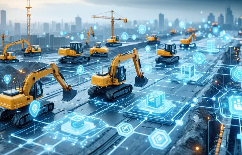 Conceptual illustration of a construction site with edge computing elements, including construction equipment connected by digital network grids, IoT sensors, and local processing nodes, symbolizing real-time data processing and monitoring.