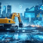 Conceptual illustration of a futuristic construction site with digital overlays displaying project management analytics and metrics.