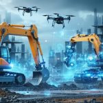 Conceptual illustration of a high-tech construction site featuring autonomous robots and drones, showcasing AI integration and advanced robotics in building processes.